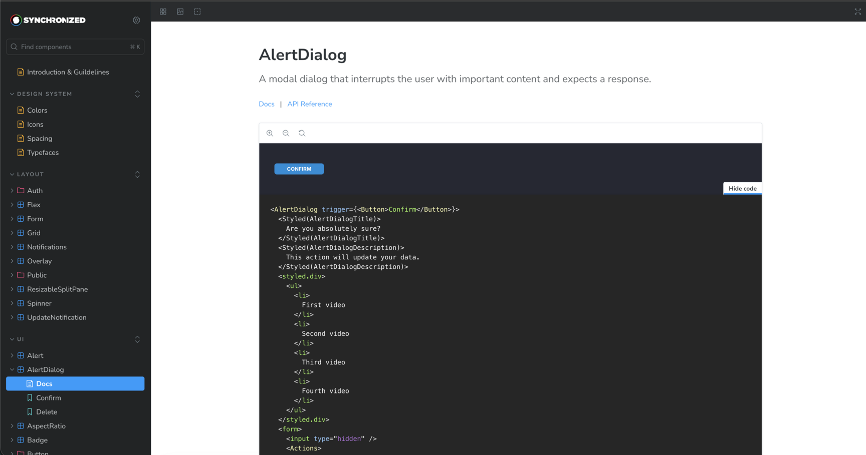 Storybook · documentation d'un composant : aperçu et exemple de code avec styled-components