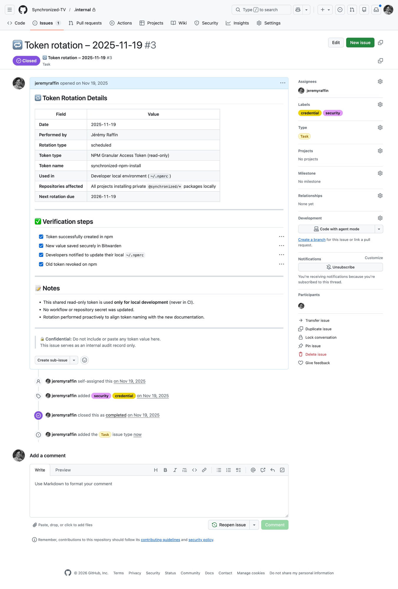 Dépôt privé .internal · issue documentant une rotation de secret, avec étapes de vérification et traçabilité d'audit