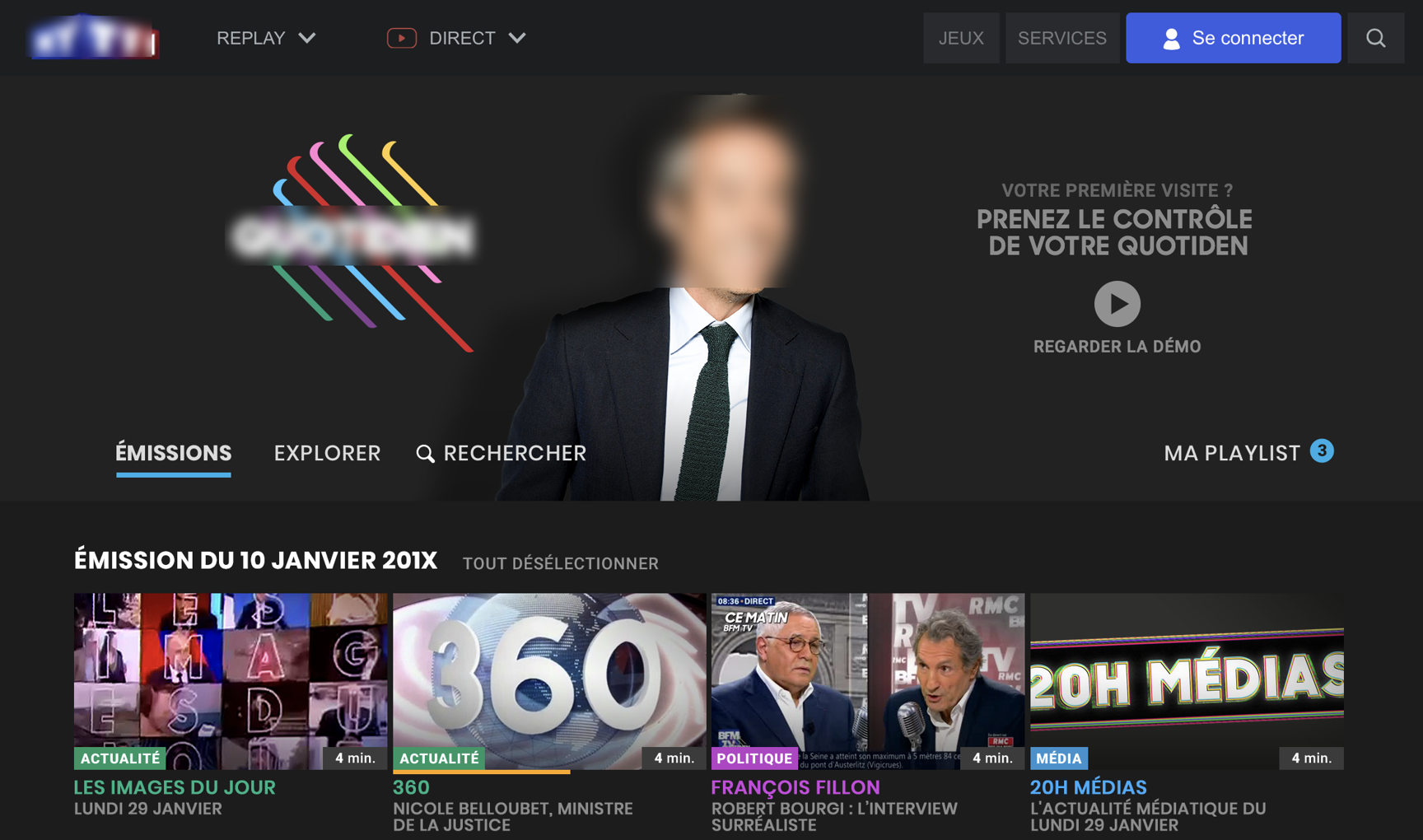 Application de replay enrichi de Quotidien · accueil, navigation et sélection d'émissions